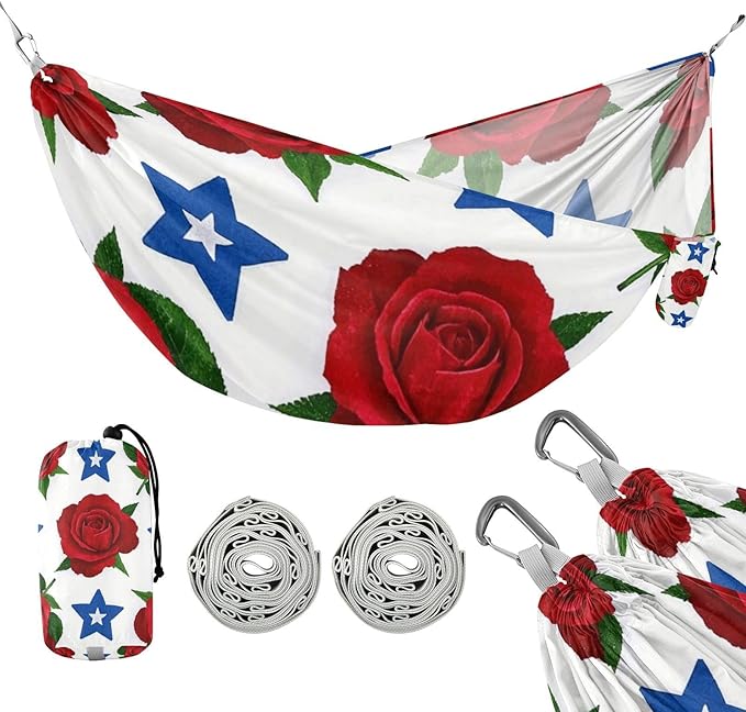 4th of July Independence Day Red Rose Flowers 330lb Capacity Hammocks with Tree Straps Tree Hammock for Outside Beach Patio Garden para ir de Camping