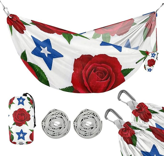 4th of July Independence Day Red Rose Flowers 330lb Capacity Hammocks with Tree Straps Tree Hammock for Outside Beach Patio Garden para ir de Camping