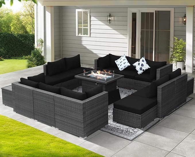 NICESOUL 15 Piece Outdoor Sectional with Fire Pit Table, Modern Luxury Patio Deep Seating w/Firepit, 29.3'' High-Back Wicker Couch Thick, Big High-Weight Capacity Sofa for Terrace, Yard, Gray & Black