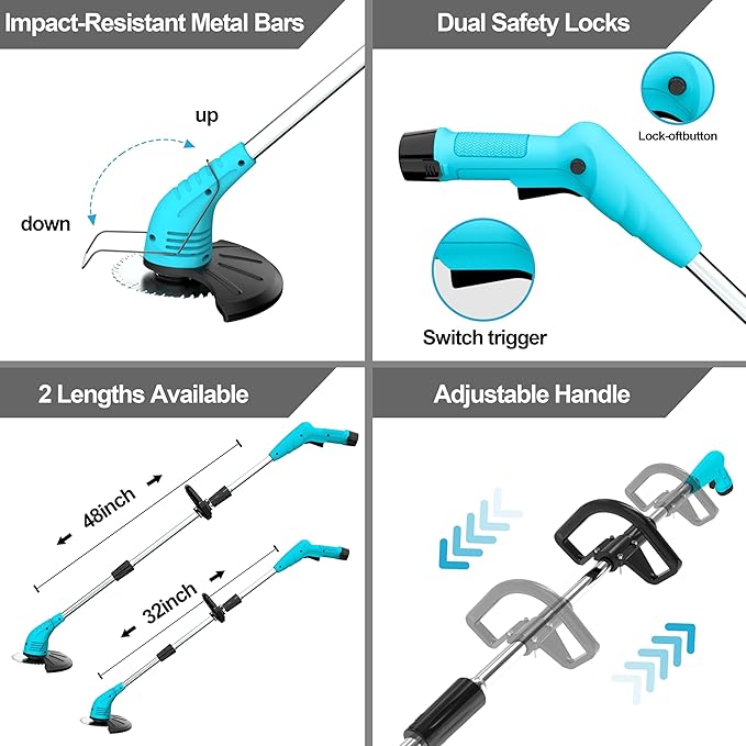 Cordless Weed Wacker, Grass Trimmer with 3 Types Blades and 2.0Ah Li-Ion Battery Powered,12V Electric Weed Trimmer/Edger for Garden Yard Work and Lawn Care (Blue)