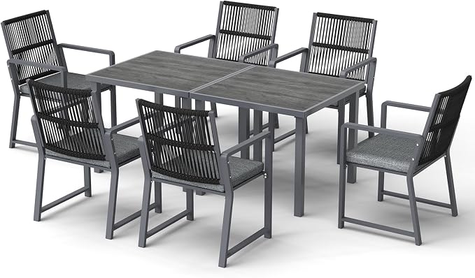 8 Pieces Metal Outdoor Dinning Set Featuring 2 Tables and 6 Ratten Chairs Waterproof and Rust-Proof Courtyard Style Table Garden Balcony Poolside, Dark Gray 8 Pcs