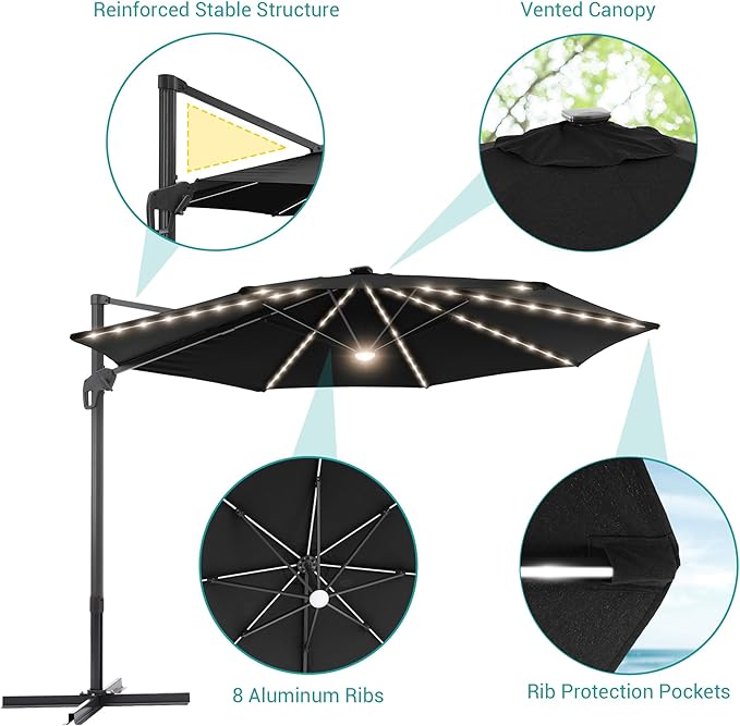 FLAME&SHADE 11 ft Cantilever Offset Patio Umbrella, Large Heavy Duty Outdoor Patio Umbrella Aluminum 360° Rotation Round Outdoor Umbrella for Deck,Pool,Backyard