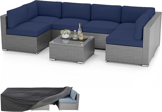 8 Pieces Outdoor Patio Furniture Set with Waterproof Cover, Grey Wicker Patio Sectional Sofa Set, Outdoor Couch with Cushion and Tempered Glass Table, Dark Blue