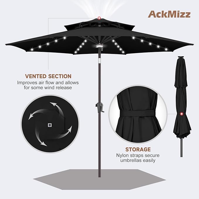 9FT Solar Umbrella Outdoor - 2-Tier Lighted Solar Patio Umbrella with 40 LED Lights Waterproof UV Protection, Table Umbrella with Tilt for Pool, Porch, Garden, Backyard (Black)