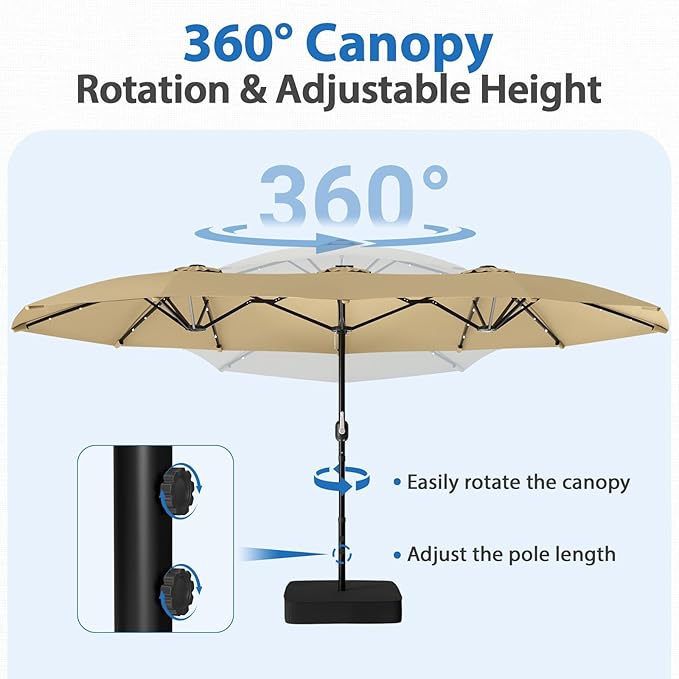 HOPERAN 15FT Patio Umbrella with Base Included, Large Outdoor Double-Sided Rectangle Table Umbrella with Easy Crank Lift, Market Umbrella for Backyard, Pool&Garden