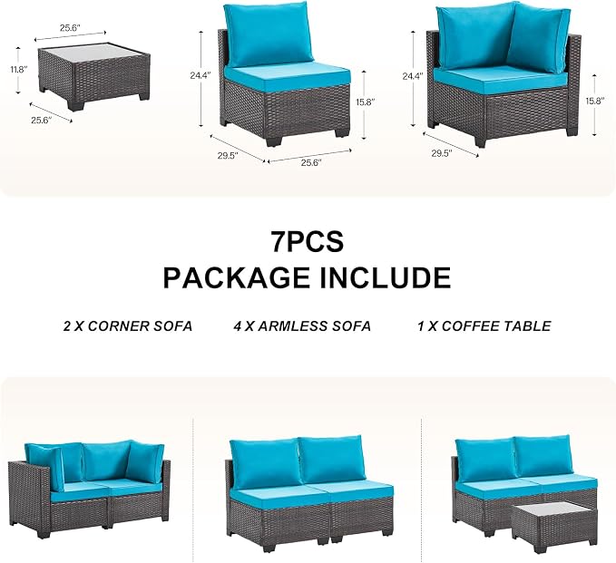 CANMOV 7 Pieces Patio Furniture Sets, All Weather Outdoor Patio Conversation Set, PE Wicker Rattan Sectional Sofa Couch Glass Coffee Table Washable Cushions, Peacock Blue