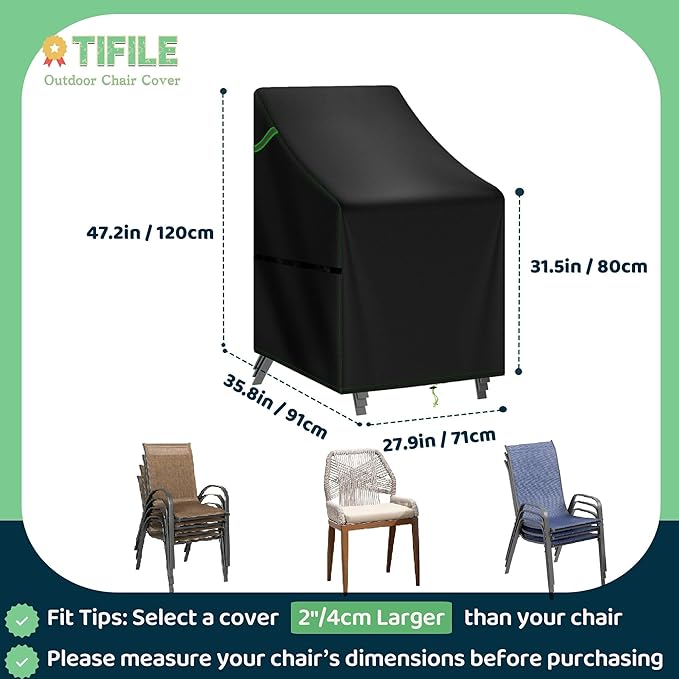 Stackable Patio Chair Covers Waterproof 2 Pack, 420D Outdoor Chair Covers for High Back Stacking Chairs, Fits 4-6 Chairs, 27" W x 35" D x 47" H, Black