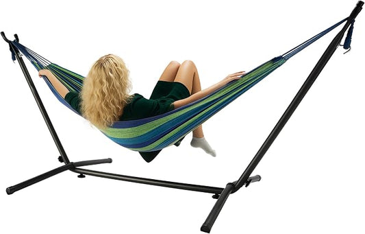 Hammock with Stand for Outside, 450lb Steel Frame, Blue | Steel Frame, Cotton Fabric, 2-Person 450lb, No Tools 10 Min Setup, Backyard Patio Bedroom, Rust-Resistant, Portable