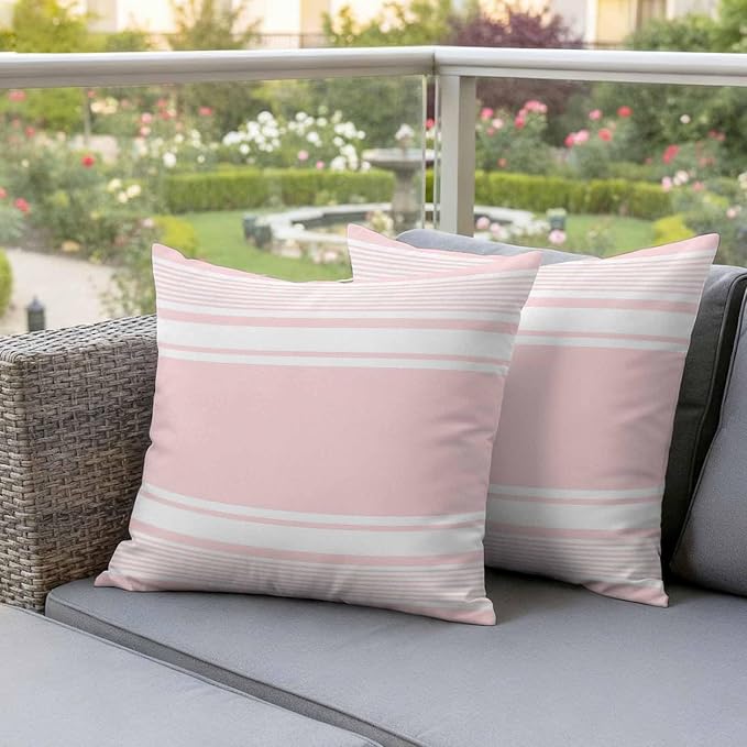 Outdoor Waterproof Throw Pillow Covers, Pink Striped Decorative Pillow Cases, Modern Color Block Farmhouse Stripes Couch Pillow Protector Patio Sofa Cushion Covers Replacement 26"x26" 2 Pack