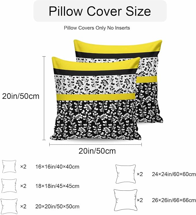 Black Yellow Outdoor Pillow Covers 26x26 Inch Throw Pillow Covers Set of 2 Waterproof Decorative Pillow Cases Garden Floral Stripe Aesthetic Flower Boho Cushion Covers for Patio Furniture Garden Couch