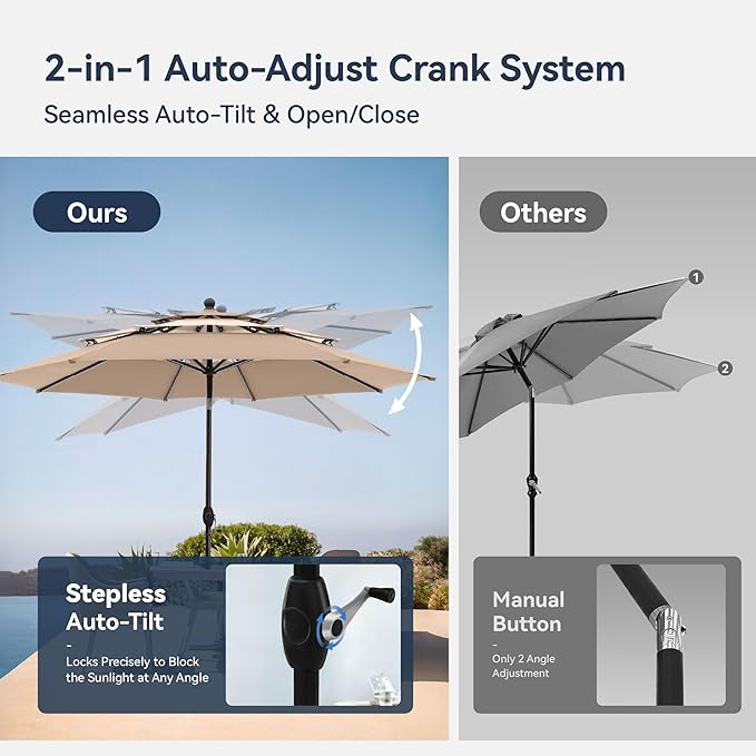 PHI VILLA 10ft Outdoor Patio Umbrella for Outside, 3 Tier Vented Round Market Table Umbrella Windproof for Backyard, Deck, Garden, Beige & Tan(No Base)