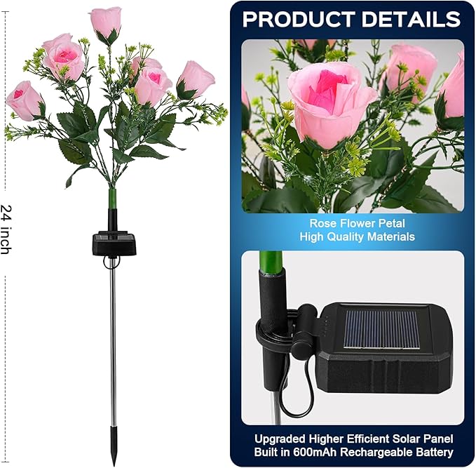 2 Pack Solar Garden Lights Outdoor, LED Colorful Waterproof Solar Powered Rose Flowers Landscape Lights for Outside Yard, Patio, Pathway Decorative, Décor, Gifts, Two Lighting Modes