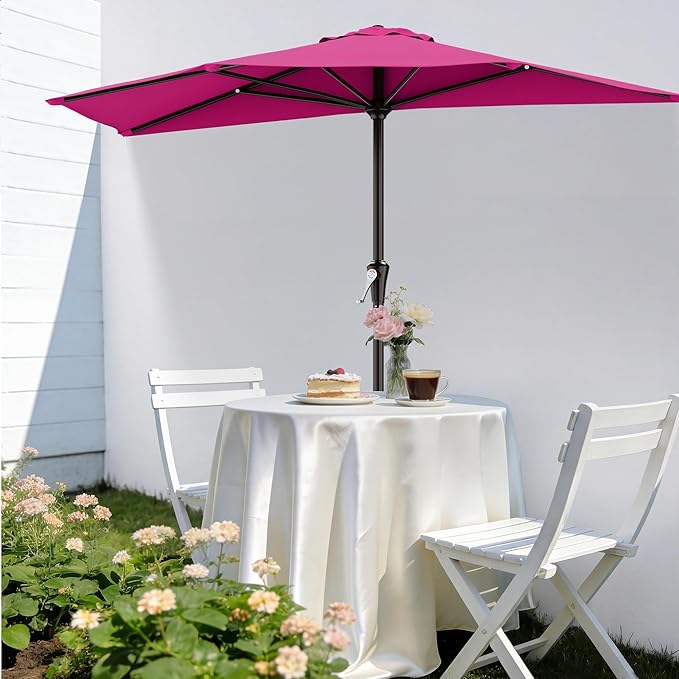 AreShark 9FT Half Patio Umbrella, Outdoor Wall Umbrella with Crank & 5 Sturdy Ribs, Table 1/2 Umbrella Patio for Garden, Deck, Balcony and Pool, Rose Pink