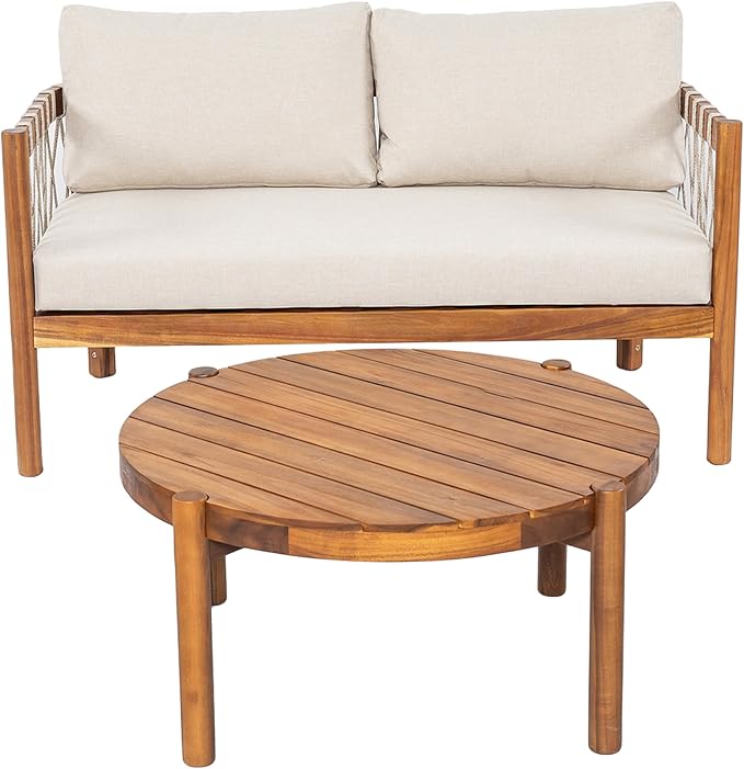 Christopher Knight Home Haven Acacia Wood Outdoor Loveseat and Coffee Table Set, 2 Piece Patio Furniture Set with Water-Repellent Cushion, Solid Wood Outdoor Conversation Set, Beige+Teak