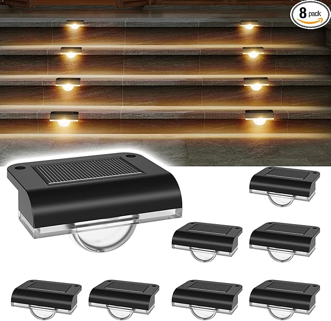 AGOTD Solar Stair Lights Outdoor Waterproof, 8 Pack Solar Step Lights for Outside Warm White Deck Lighting for Step, Stair, Porch, Railing, Patio, Yard, Front Door, Sidewalk, Poolside, Balcony