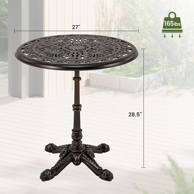 Tangkula 27" Round Cast Aluminum Patio Bistro Table, Weather Resistant Outdoor Dining Table with Hollow Top & Cross Base, Accent Table for Backyard, Garden, Porch, Copper