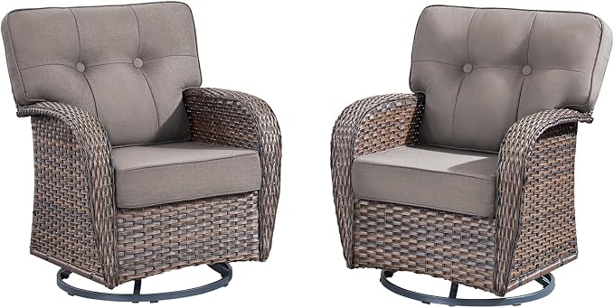 2-Piece Wicker Patio Furniture Set with 5-Inch Thick Cushions Weather Resistant Rattan High Back Swivel Rocker Chairs Senior Friendly Conversation Set for Small Porch Deck Sunroom Brown/Grey