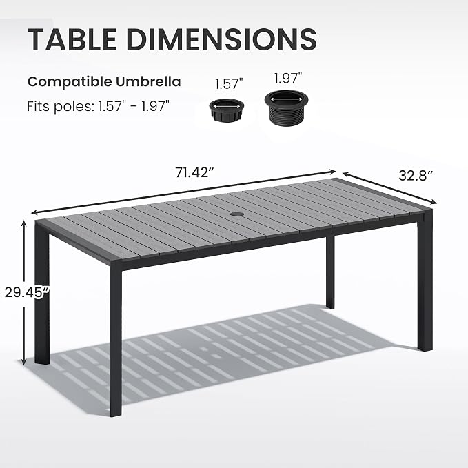 Crestlive Products Outdoor Dining Table for 6, 71in Aluminum Patio Table with Umbrella Hole Weather-Resistant Rectangle Outside Table for Garden Backyard Indoor, Grey