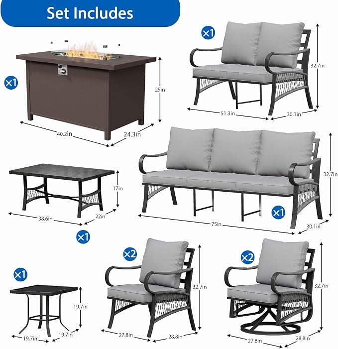 9 Piece Patio Furniture Set with 50000 BTU Propane Fire Pit Table, All Weather Outdoor Conversation Set with 2 Swivel Chairs, Sofa and Thick Cushions for Garden, Porch, Lawn, Grey