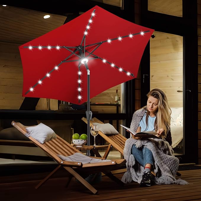 FLAME&SHADE 7.5 FT Solar Light Patio Umbrella, 24 LED Lights Outdoor Umbrella with Centre Surround Light, Table Umbrella Outdoor Patio for Deck, Pool, Backyard, Garden, UV Protection (Red)