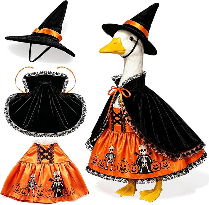Halloween Porch Goose Outfits 3 Pcs Geese Outfit Outdoor Garden Statue | Ghost Cape Pumpkin Dress Witch Hat Set Cute Gooses Set Goose Clothes for Halloween Patio Yard Decor