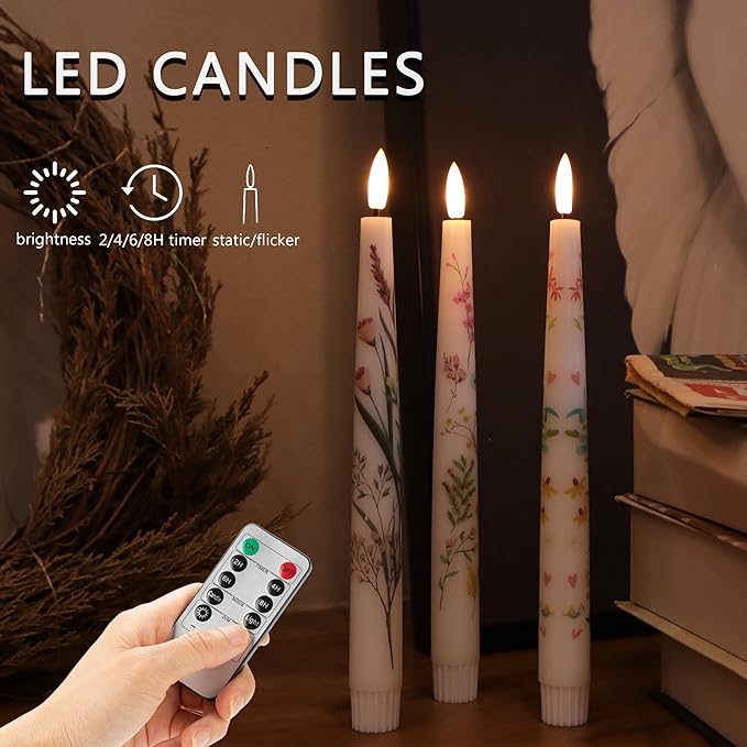 Spring Flameless Taper Candles with Flowers, 9.6" Real Wax LED Candles with Remote, 3 Pack Flickering Candlesticks Battery Operated, Fake Candle for Home, Wedding, Party