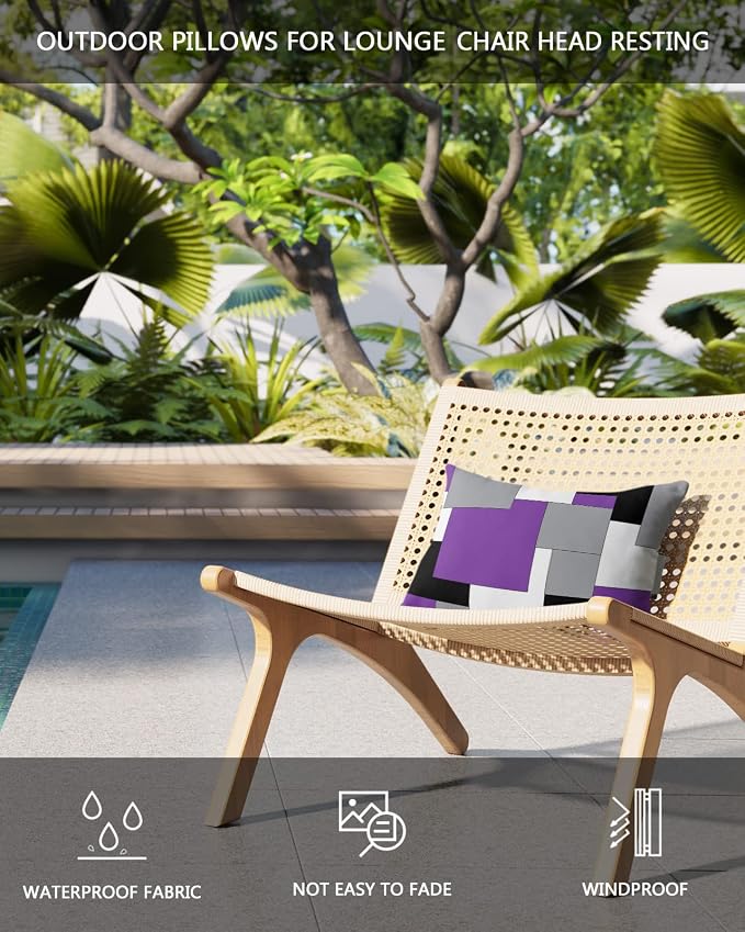 Outdoor Pillows Covers with Inserts Abstract Art Patchwork Purple Black and Grey Waterproof Recliner Pillow with Adjustable Strap Throw Pillows for Patio Furniture Pool Lounge Chair, 11x16 inch, 1PCS