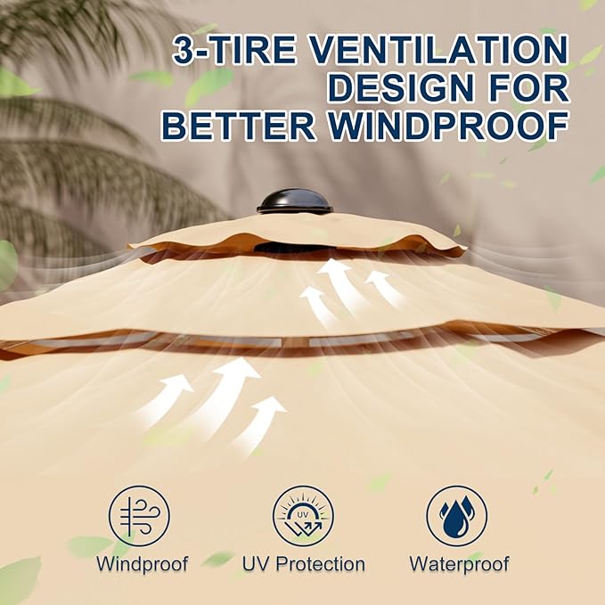 9FT 3-Tier Aluminum Outdoor Patio Umbrella, Fade-Resistant Market Umbrella with Push Button Tilt Function, 8 Sturdy All-Aluminum Ribs for Gardens, Patios, Backyards & Pools