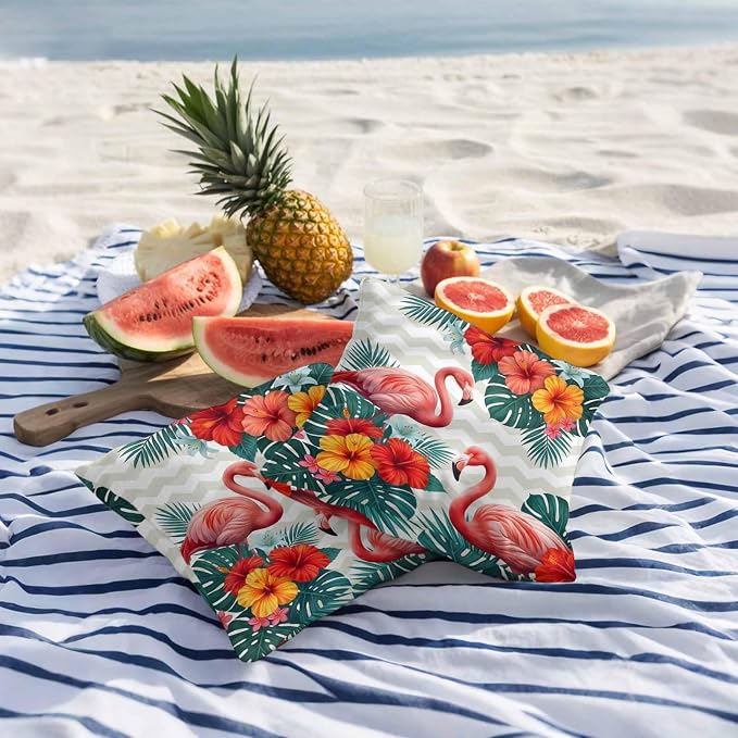 Pink Flamingos Outdoor Pillow Covers 18"x18" Set of 2, Summer Red Hibiscus Flower Tropical Plant Wave Stripes Waterproof Throw Pillow Covers for Patio Furniture, Decorative Cushion Covers for Porch