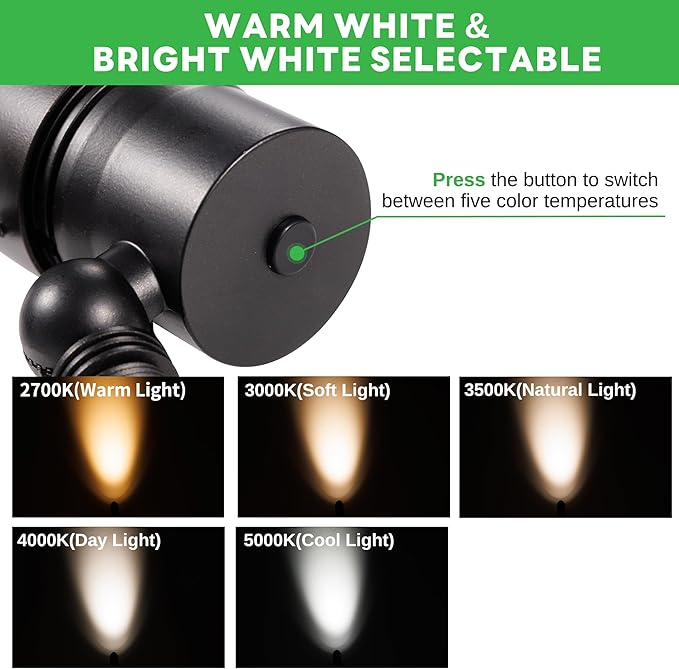 Outdoor Landscape Spotlights - 2700K/3000K/3500K/4000K/5000K Switchable White, Low Voltage Spot Lights LED Hard-Wired, IP65 Waterproof Uplighting, Black Aluminum for Backyard Fence 8 Pack