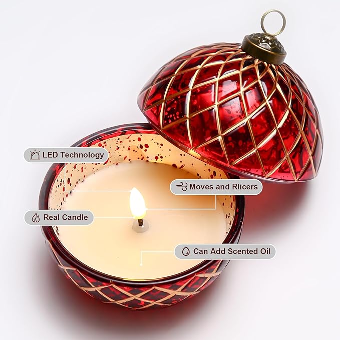 Birthday Glass Flameless LED Candles Wedding Decorative Light Birthday Gift for Her,Battery Operated Flickering Electric LED Ball Candles,Jar Candle for Home Party with Glass Cover Gifts for Wife(Red)
