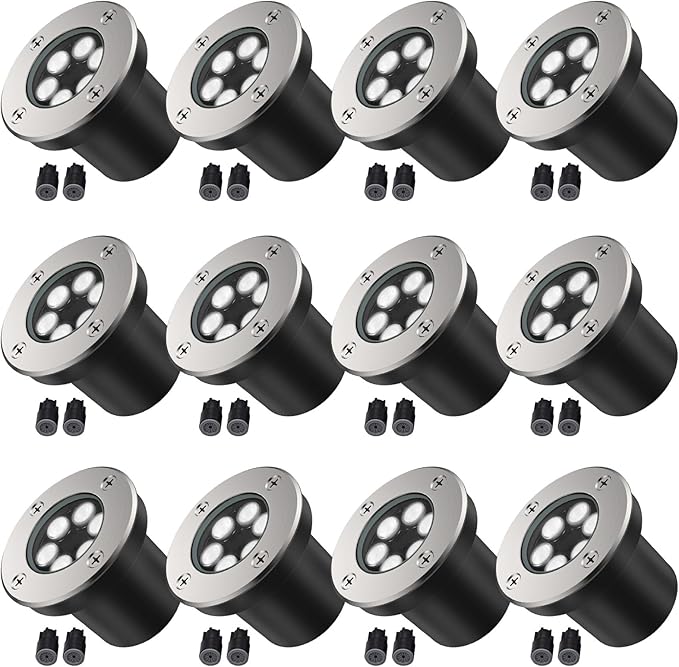 JESLED Low Voltage Landscape Lights, 6W LED Well Lights IP67 Waterproof, 6000K Bright White In-Ground Lights with Wire Connectors for Pathway, Deck, Patio, Yard, Garden (12 Pack)