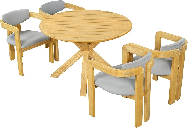 Christopher Knight Home Katy Modern 5 Piece Outdoor Dining Set, Round Dining Table Set for 4 with Chairs, Acacia Wood Patio Furniture Set with Barrel Chairs and Seat & Back Cushions, Grey+Natural