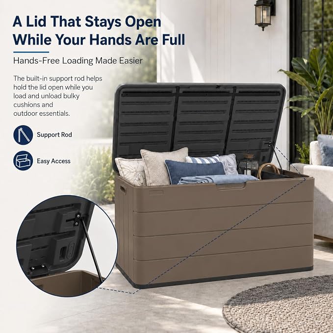 ADDOK 110 Gallon Outdoor Deck Box, Large Waterproof Resin Storage Box with Lid Support Rod, Lockable Lid and Side Handles, Patio Cushion Storage Bench for Poolside, Garden and Backyard, White