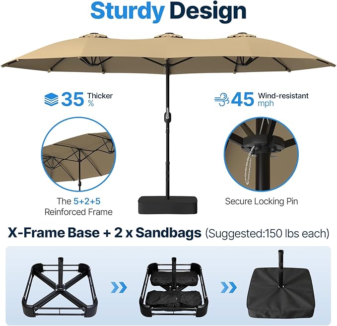 Suteck 15FT Patio Umbrella with Base Included, Double-Sided Rectangle Outdoor Large Umbrella with Crank Handle, UV & Fade Resistant Canopy for Poolside, Backyard, Deck and Market, Beige