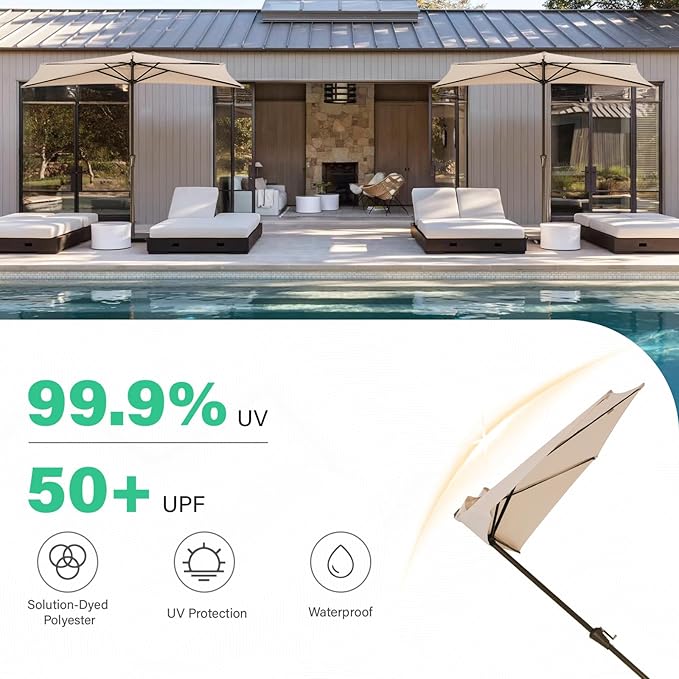 JEAREY 9ft Half Umbrella Outdoor Patio Umbrella Market Umbrellas with Crank, 1/2 Round Wall Umbrella 5 Sturdy Ribs UV Protection for Pool Garden Balcony Deck, Beige