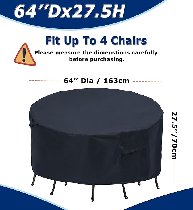Round Patio Furniture Covers - 64" Dia Waterproof Table & Fire Pit Cover - Anti-Fading for Outdoor Dining Sets
