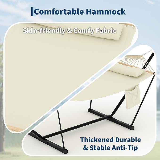 Double Hammock with Stand - Heavy Duty Portable 2 Person Design with Adjustable Steel Stand, Max 450LBS, Ideal for Outdoor Patio, Garden, Beach & Backyard