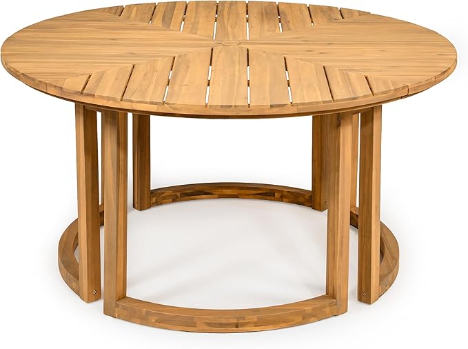 Merax 7 Pieces Outdoor Dining Set for 6 People, Acacia Wood Patio Furniture Sets with Round Table and Six Cushioned Chairs for Backyard, Garden, Lawn, Poolside, Tabletop with Umbrella Hole, Light Teak