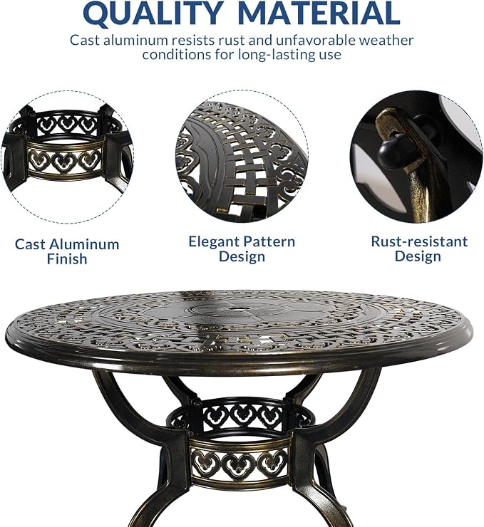 5-Piece Outdoor Patio Dining Set, All-Weather Cast Aluminum Furniture Conversation Set, Include 4 Cushioned Chairs and a 38.5” Round Table with Umbrella Hole for Balcony, Lawn, Ocean Blue