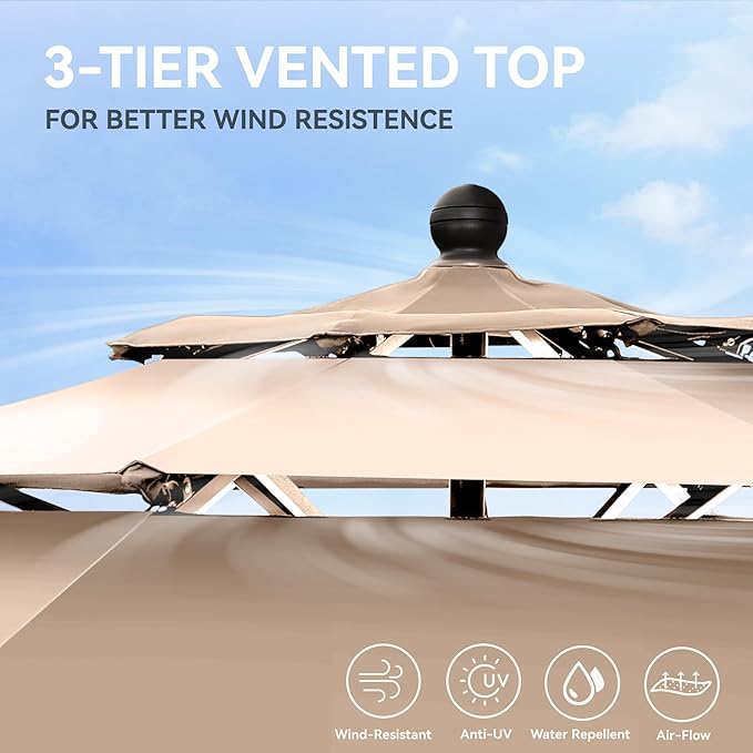 GREEN PARTY 10ft Outdoor Patio Umbrella, [Auto-Tilting] 3 Tiers Market Table Umbrellas with 1.5" Pole, 8 Sturdy Ribs, 3-Year-Non-Fading for Garden Deck Pool Backyard, Beige & Tan
