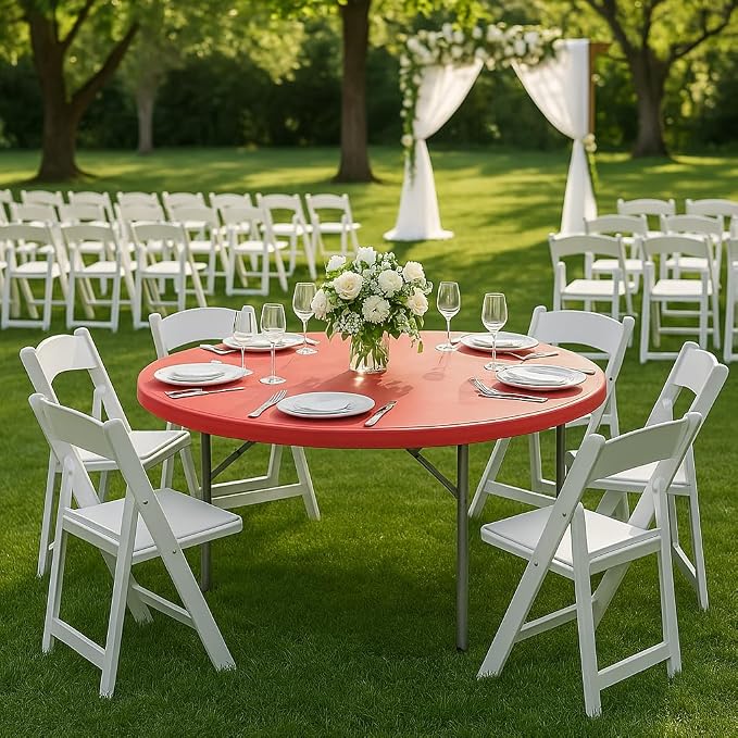 Magshion 60" Round Folding Table, 5 Feet Bi-Folding Plastic Commercial Dining Card Table w/Carrying Handle for Outdoor Wedding Party Event Picnic, Red