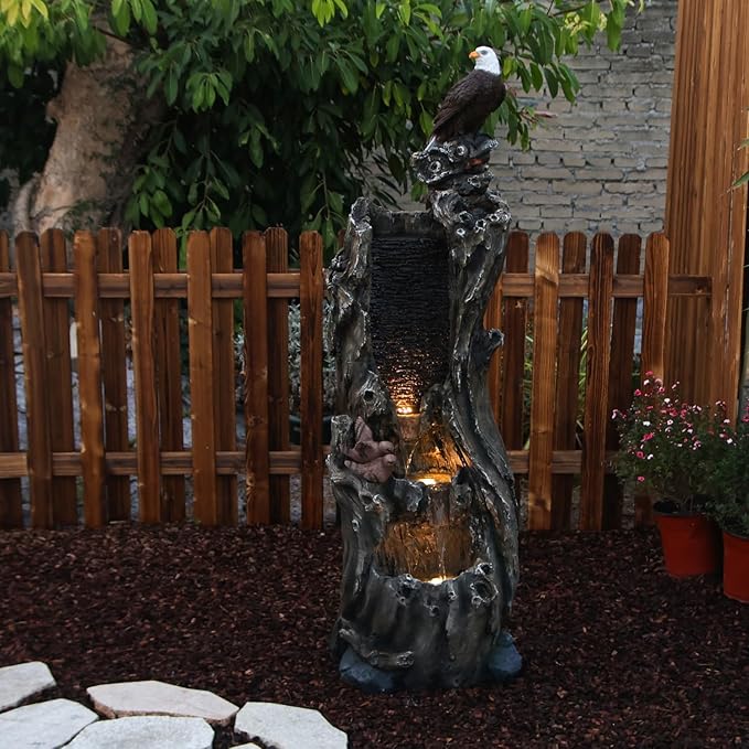 YZM 50.79" H Outdoor Rainforest Waterfall Tree Trunk Fountain with Bald Eagle Outdoor Cascading Water Feature for Garden Patio Backyard Landscape Décor 3-Tier Water Fountains