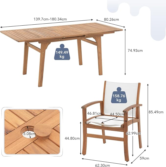 OC Orange-Casual Patio Furniture Set, Acacia Wood Patio Dining Set for 6-8, Outdoor Expandable Table and Chairs Set with Umbrella Hole and Breathable Textilene Fabric for Garden (White, 5 Pieces)