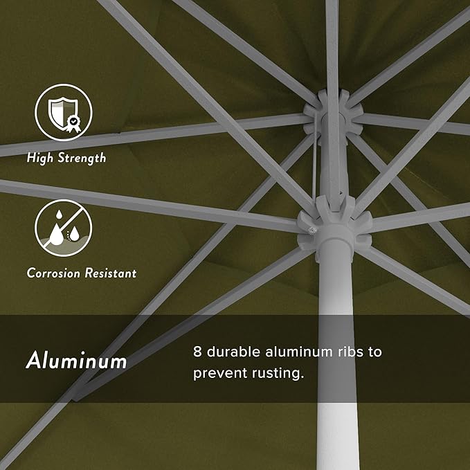 California Umbrella 12-Year Protection 9' Rd Aluminum Patio Umbrella, Crank Lift, Auto Tilt, White Finish, Sunbrella Cilantro