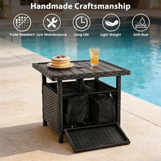 Sundale Outdoor Umbrella Stand with 2 Weight Bags, Patio 22 in Wicker Side Table with Umbrella Hole, All Weather Small Rattan Umbrella Base for Deck Yard Poolside Porch, Black