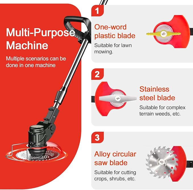 Weed Wacker Battery Powered, 21V 2Ah Battery Powered Cord Trimmer with 2 Batteries and 3 Blades,Weed WackerSuitable for patios and Gardens (Black)