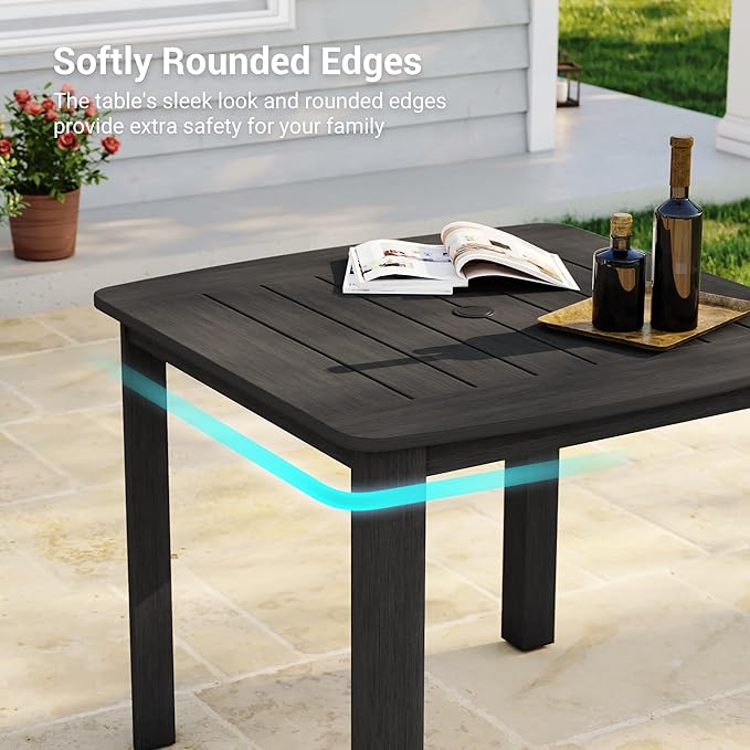 5-Piece HDPE Outdoor Dining Set for 4, Outdoor Table and Chairs | Weather Resistant Patio Table and Chairs set, Square Table with Umbrella Hole for Garden, Backyard, Lawn and Poolside, Black