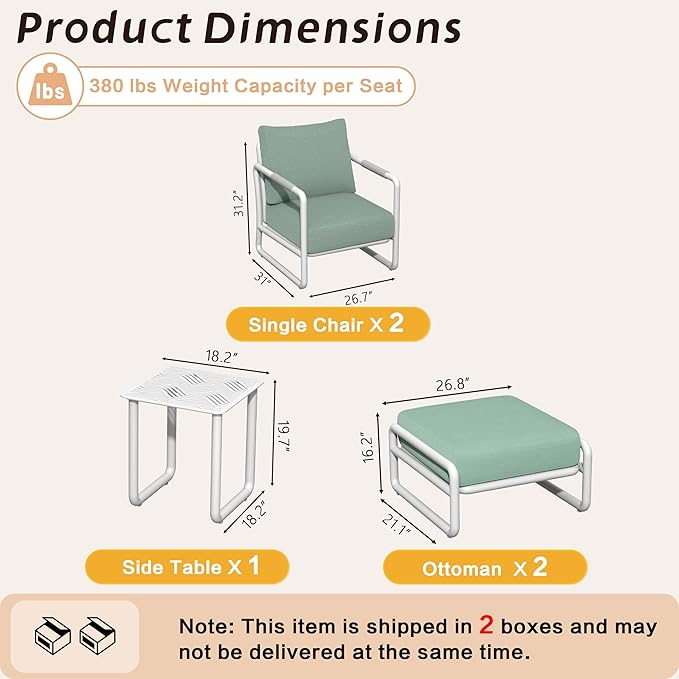 MBY Outdoor Aluminum Patio Furniture Set, 2-Seats Patio Conversation Sofa Set with 2 Ottomans and 6.7" Thickened Cushions, All Weather for Pool, Garden(White)