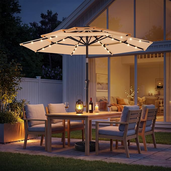 HOMSHADE 9FT 3-Tier Solar Patio Umbrella Heavy Duty, Vented Market Table Umbrella Windproof with 32 LED Lights, UPF50+, 5-Year Fade Resistant, 8 Thicker Ribs for Pool, Lawn, Garden, Deck (Beige,No Base)